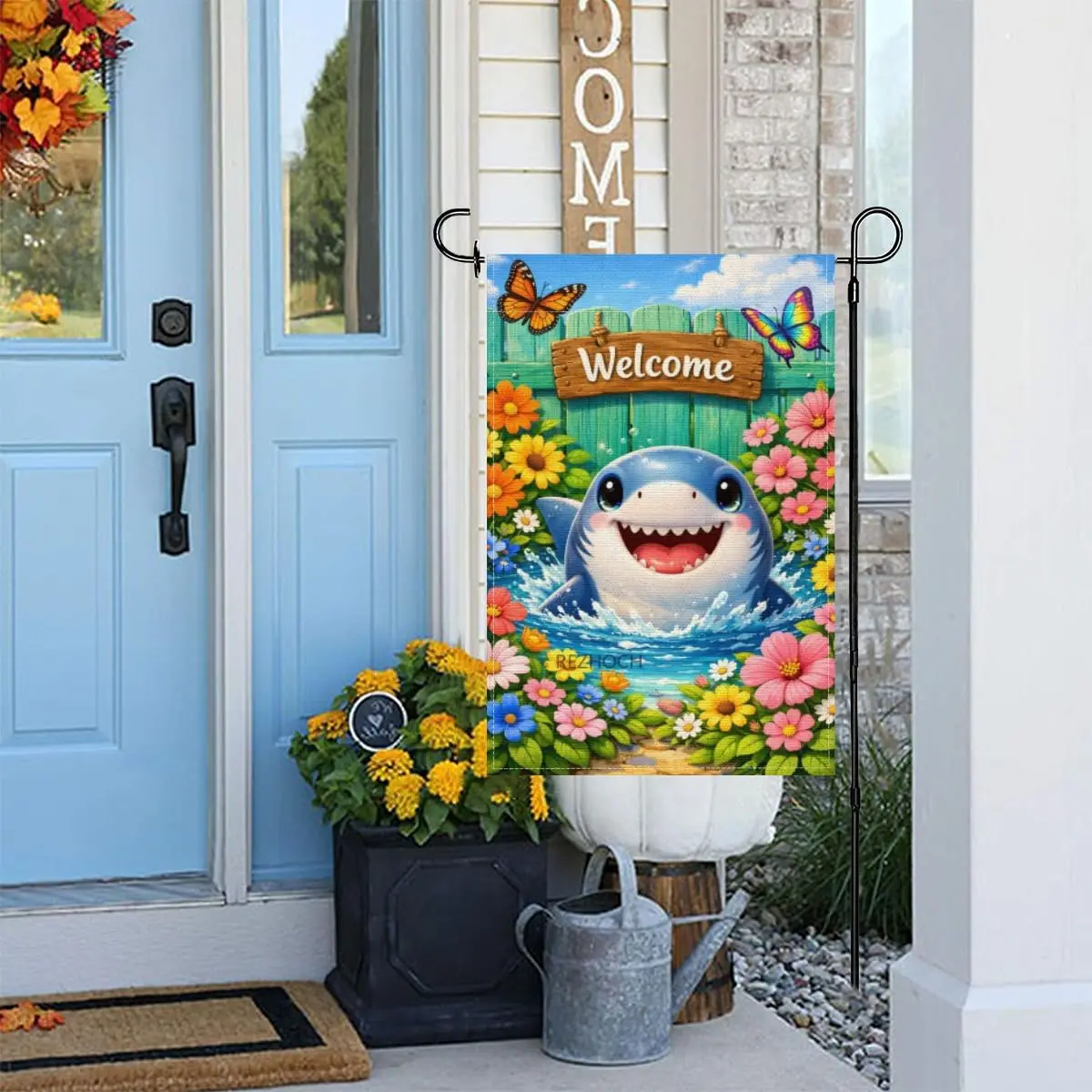 Funny Shark Welcome Garden Flag 12x18 Inch,Cute Animal Flowers Butterflies Outside Yard Flags,Spring Summer Outdoor Double S ZZM