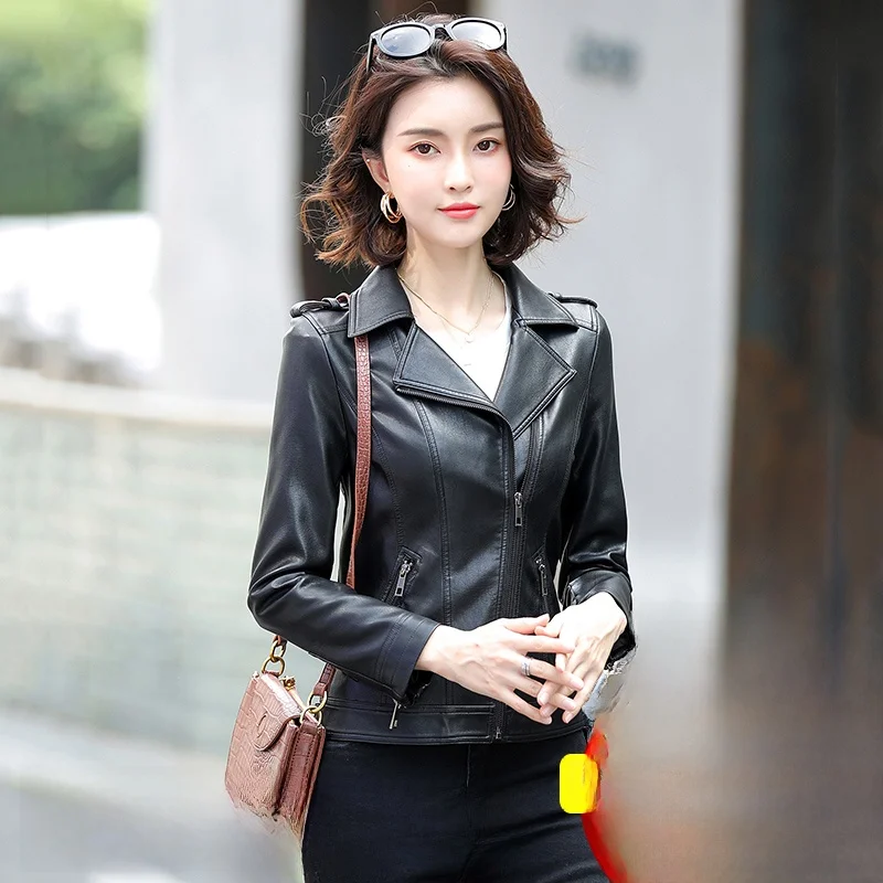 

Женская байкерская куртка из натуральной кожи, корейская версия, приталенная, с отложным воротником, на молнии, с длинными рукавами, для повседневной носки
