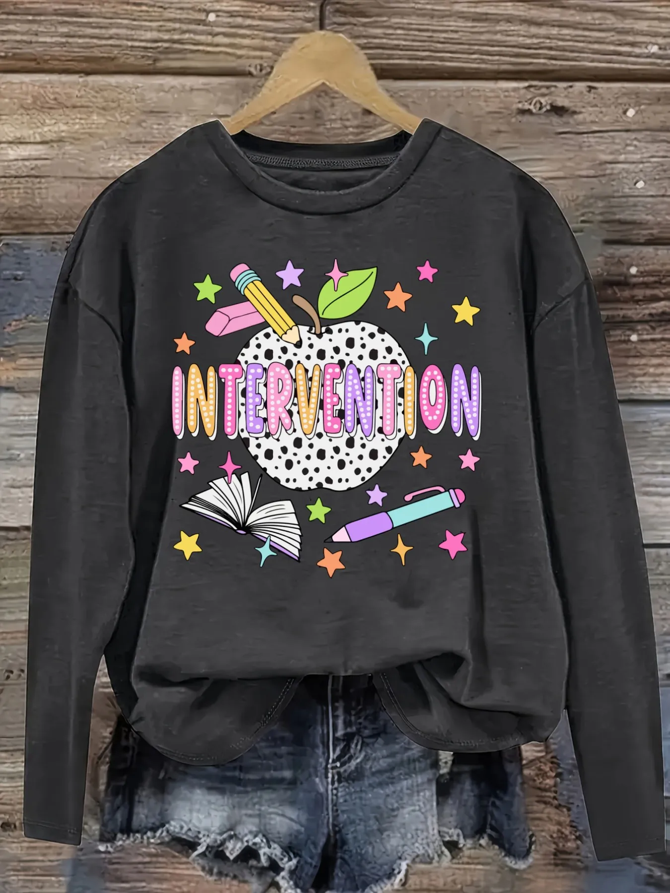 Women's Casual Long Sleeve Crew Neck T-Shirt Intervention Apple Pencil Book Stars Design, Round Neck Women's Clothing, Machine Washable, Slightly Elastic, Loose Fit, Spring Autumn Winter Women's T-Shirt, Halloween Costume Outfit