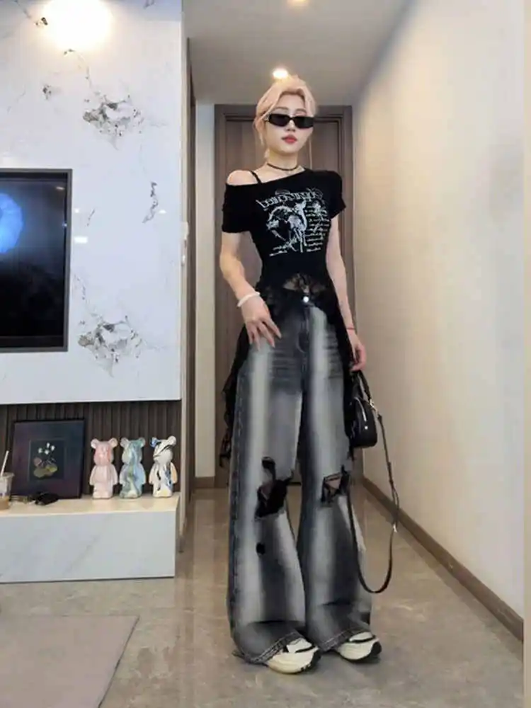 

Normcore Y2K Baggy Black Denim Trouser Washed Vintage Casual Minimalist Pants Grunge High Waist Solid Color Street Retro Jeans