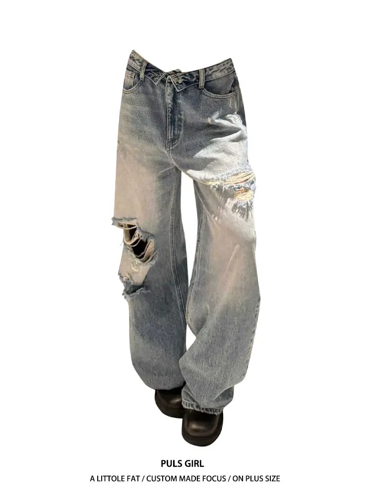 

Retro American Large Size Women's Jeans High Waist Cuffed Loose Wide Leg Pants Vintage Washed Hole Casual Trousers