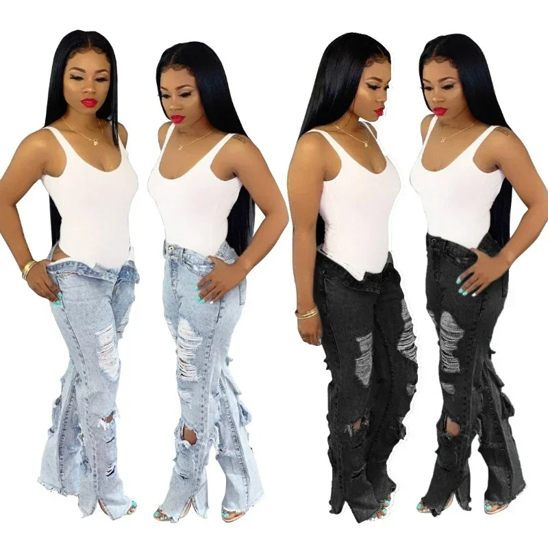 Women Jeans Distressed Hole Pants High Waist Sexy Pockets Button Full Length Pant Vintage Denim Trousers Straight Hollow