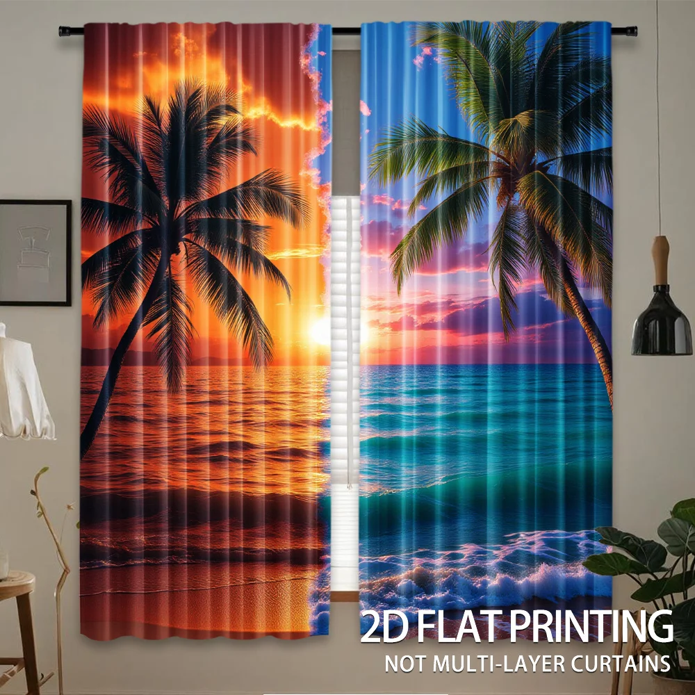 Beach pattern from sunset to sunrise Print Drapes Room Darkening Window Curtains Home Decor,Rod Pocket Blackout Curtains Bedroom