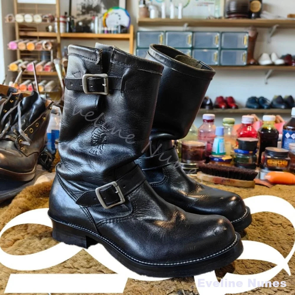 Retro Men Engineer Motorcycle Boots Black Leather Double Adjustable Buckle Straps Low Heel Boots Vintage Biker Mid Calf Footwear