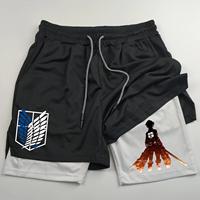 2-in-1 sports shorts anime Attack on Titanrunning gym shortmen's quick drying breathable fitness outdoor