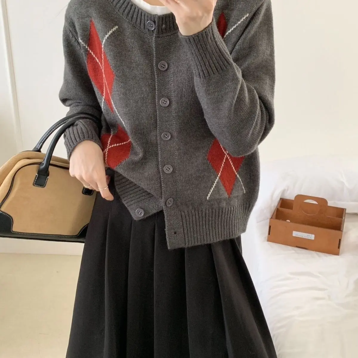 빈티지 다이아몬드 패턴 루즈 니트 스웨터 여성용 신상 라운드 넥 스위트 가디건 탑 리본 디테일 작은 사이즈 편안한 소프트 코트