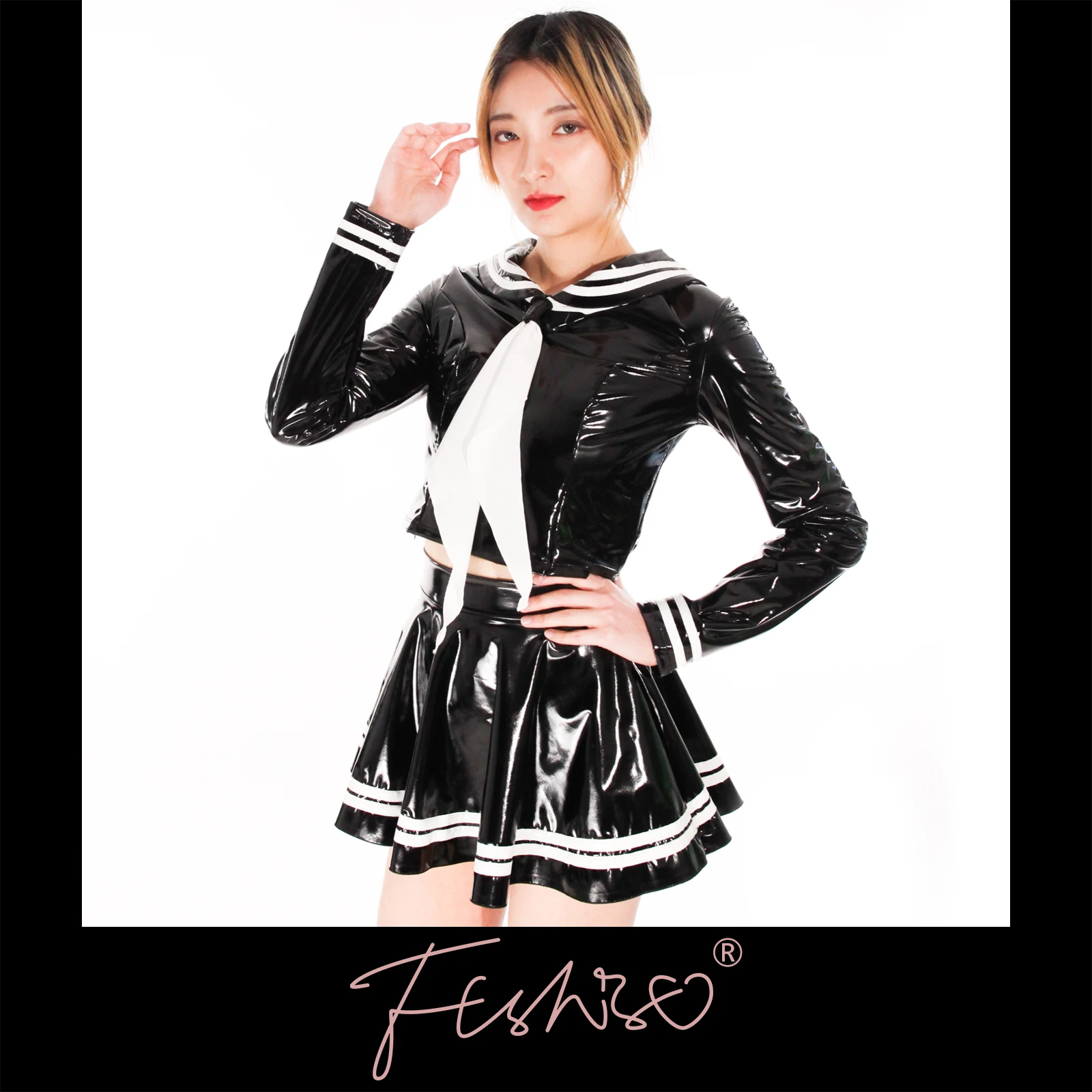 Ftshist Shiny Black Patent Leather Sailor Suit Long-Sleeved PU Pleated Miniskirt Sweet Japanese Student Latex Dress for Roleplay