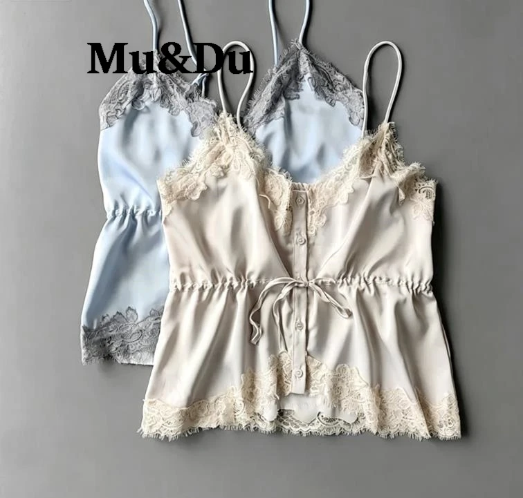 2026 New Summer Lace Decoration Satin Textured Top for Women Chic Personality Female Spaghetti Strap Tops