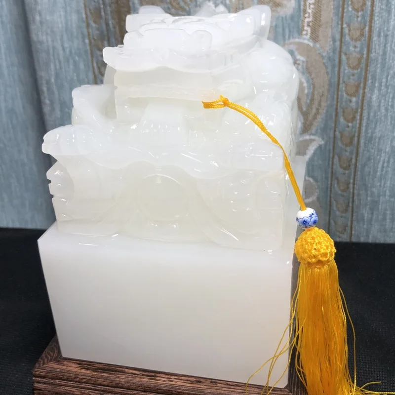Premium Afghan White Jade Dragon Seal Ornament, Dragon Head Jade Seal, Office Decor for a Better Life