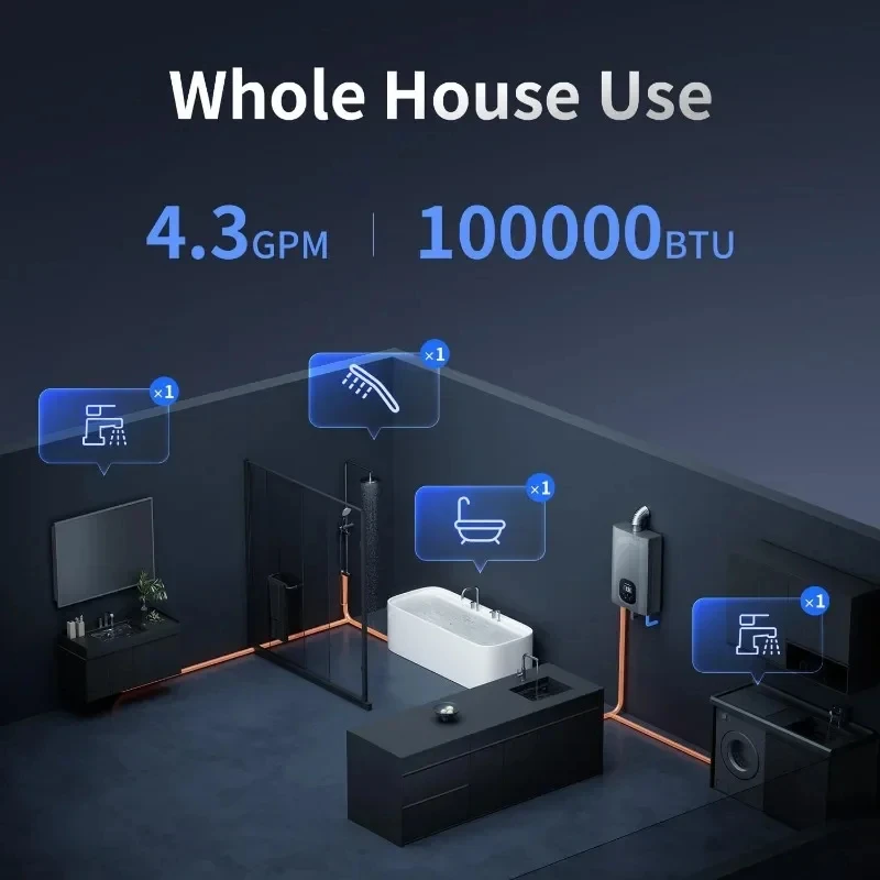 Calentador de agua sin tanque de Gas propano con tubería de ventilación, calentador de agua caliente instantáneo de 4,3 BTU máximo para interiores, 100.000 GPM