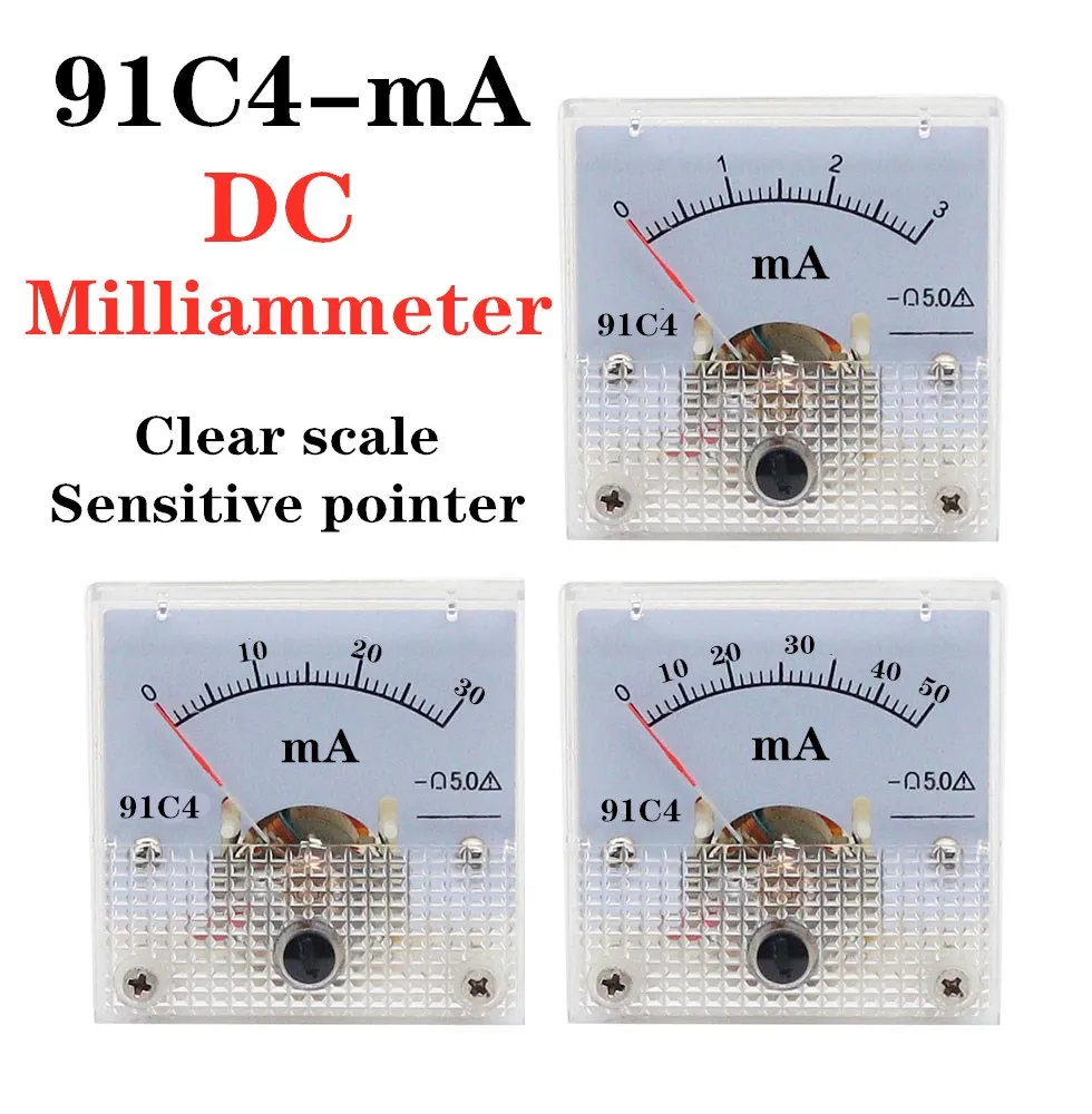 91C4- mA DC Ponteiro tipo miliamperímetro 1mA 5mA 10mA 50mA 100mA 200mA 300mA 500mA Analógico Mecânica Placa tabela Amperímetro