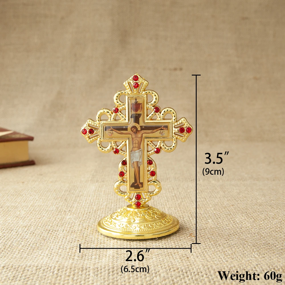HTISOK Zinklegierung Kreuz-Dekor Jesus mit Roten Strasssteinen 3,5 Zoll Christliches Heim-Altar-Gebets-Tischornament Religiöse Geschenke – Detail 1