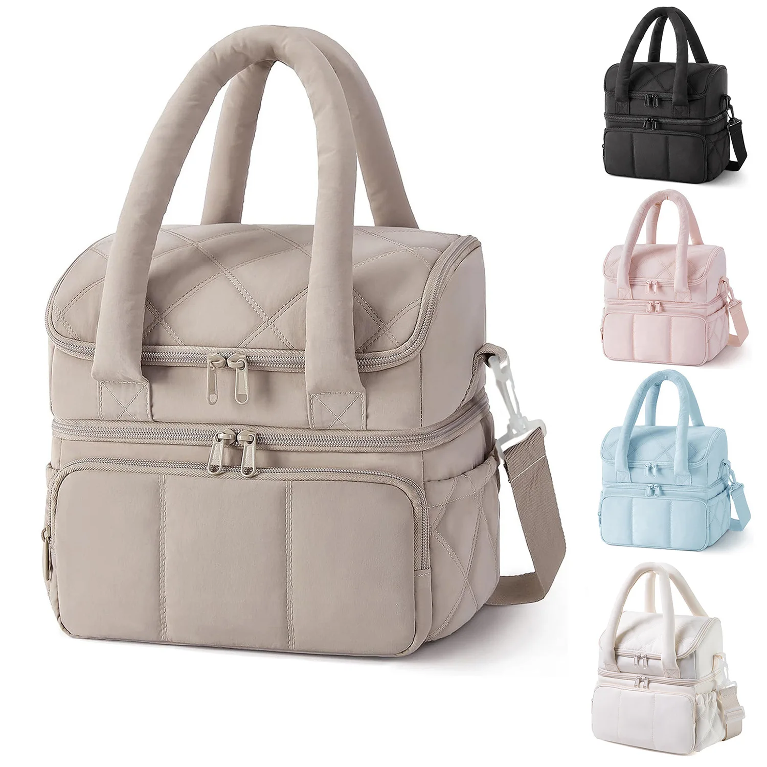 Large Capacity Insulated Picnic Bag Dual Compartment Thermal Food Cooler Bag Quilted Handheld Bento Lunch Bag ForOutdoor Camping