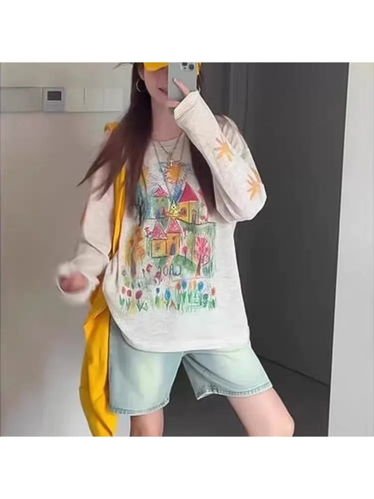 HOUZHOU Vintage Colorful Print Hand-Painted Graffiti Sun-Protective Lightweight Tunic Summer Loose-Fit Relaxed Long-Sleeve Top