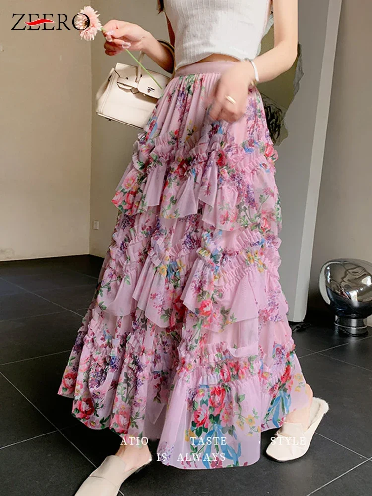 

French Female Vintage Ruffles Splicing Pink Mesh Skirts Summer Women Casual Black Floral Print Puffy Cascading Long Tulle Skirts