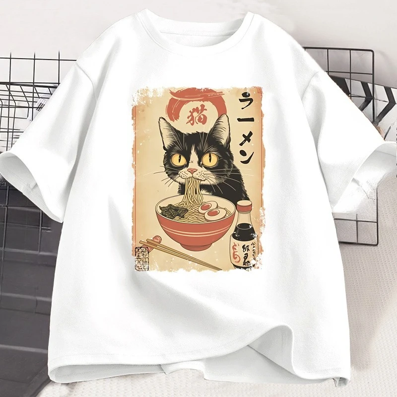 Ramen Cat T-shirt Japanese Style Black Cat Eating Ramen Grpahic T Shirts Trendy Cotton Soft Short Sleeve Casual Men's Clothing