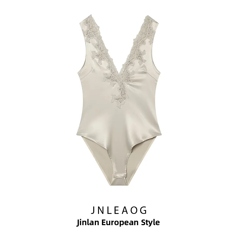 

JNLEAOG Summer New Women's Fashion Lace Silk Satin Feel Jumpsuit Straight Cut Commute Style mid Waist Short Pants Polyester F...