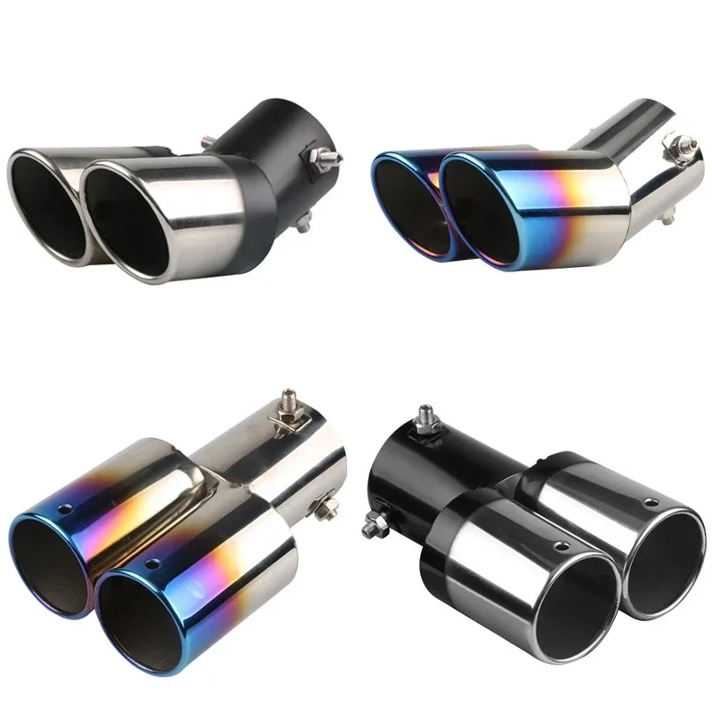 Dual Outlet Car Exhaust Tip Stainless Steel Slant Rolled Edge Auto Muffler Silencer Universal Black+Silver Car Exterior Supplies