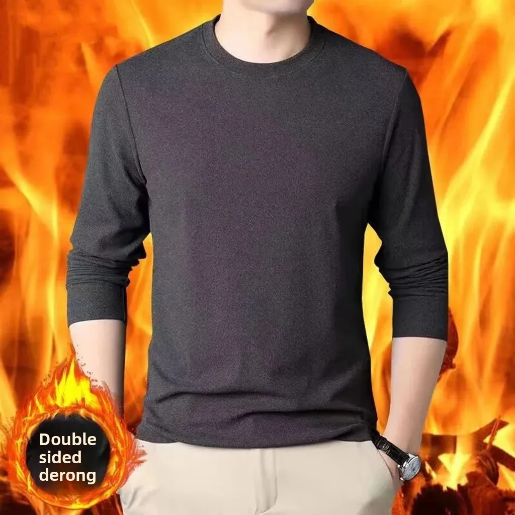 Camiseta de manga larga con cuello redondo y forro polar para hombre, ropa interior térmica, Top informal ajustado de Color sólido cálido para otoño e invierno
