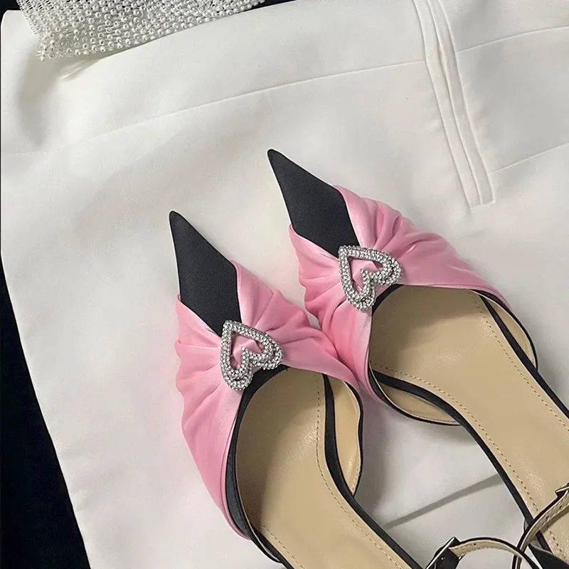 Love Rhinestone Bow High Heels French Celebrity Pointed Thin Heel Hollow Baotou Women's Sandals