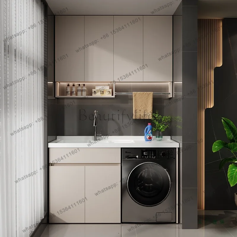 Cream Style Washing Machine Cabinet Modern Laundry Tray Washboard Washing Machine Cabinet Balcony Bathroom