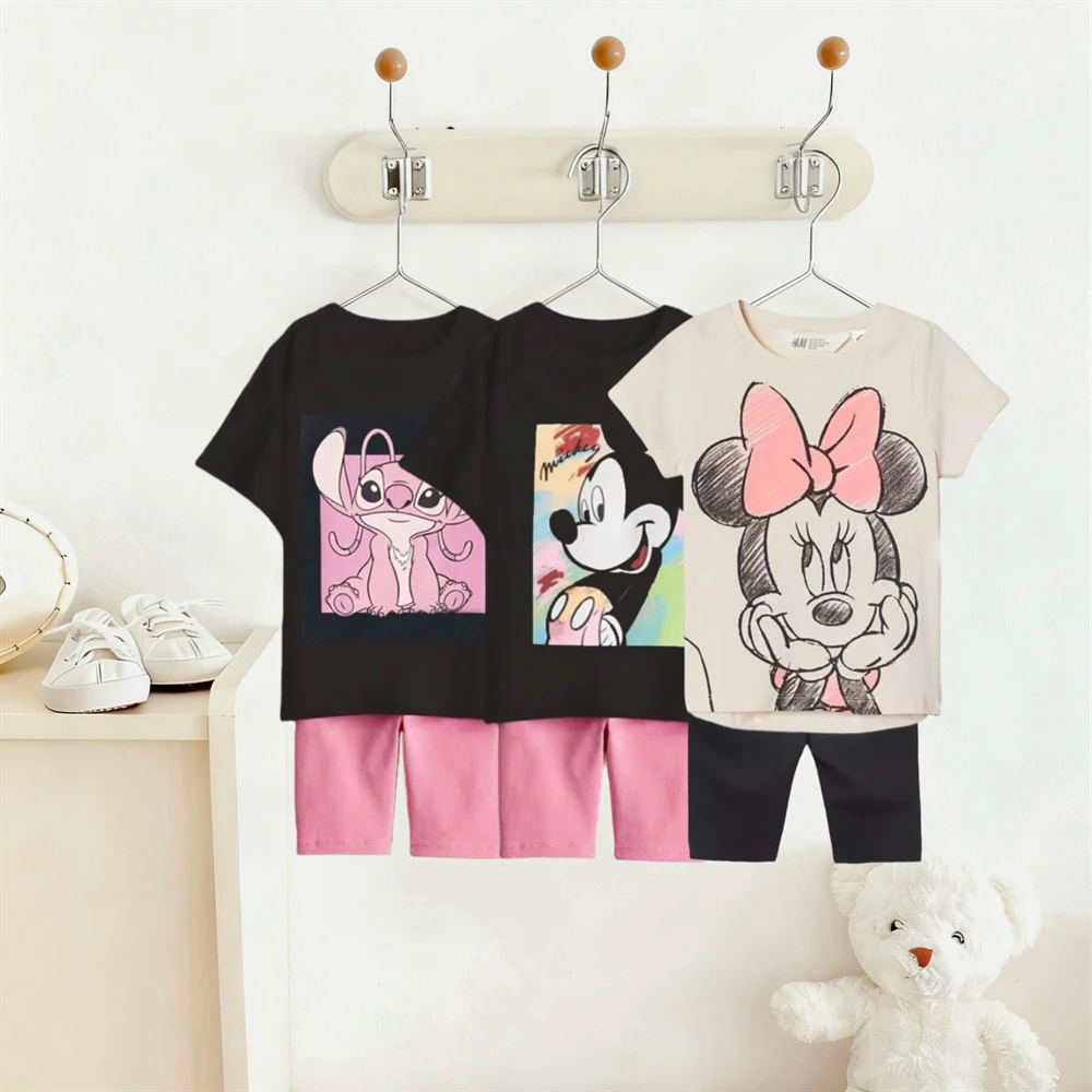 قميص أسود + شورت وردي 2 قطعة ملابس الصيف الرضع لطيف الطباعة تيز موضة تنوعا السراويل تصميم جديد ملابس المنزل وتتسابق