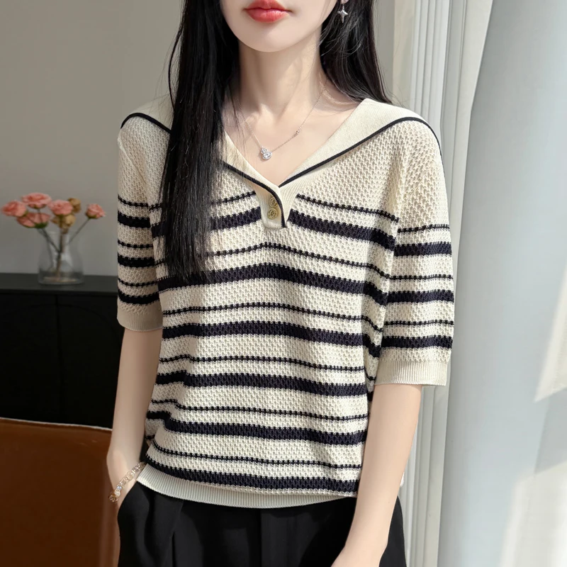 Women's Knitted Shirt Spring/Summer Short Sleeve Navy Neck Tshirt Contrast Stripe Texture Top Commuter Versatile Casual Tank Top