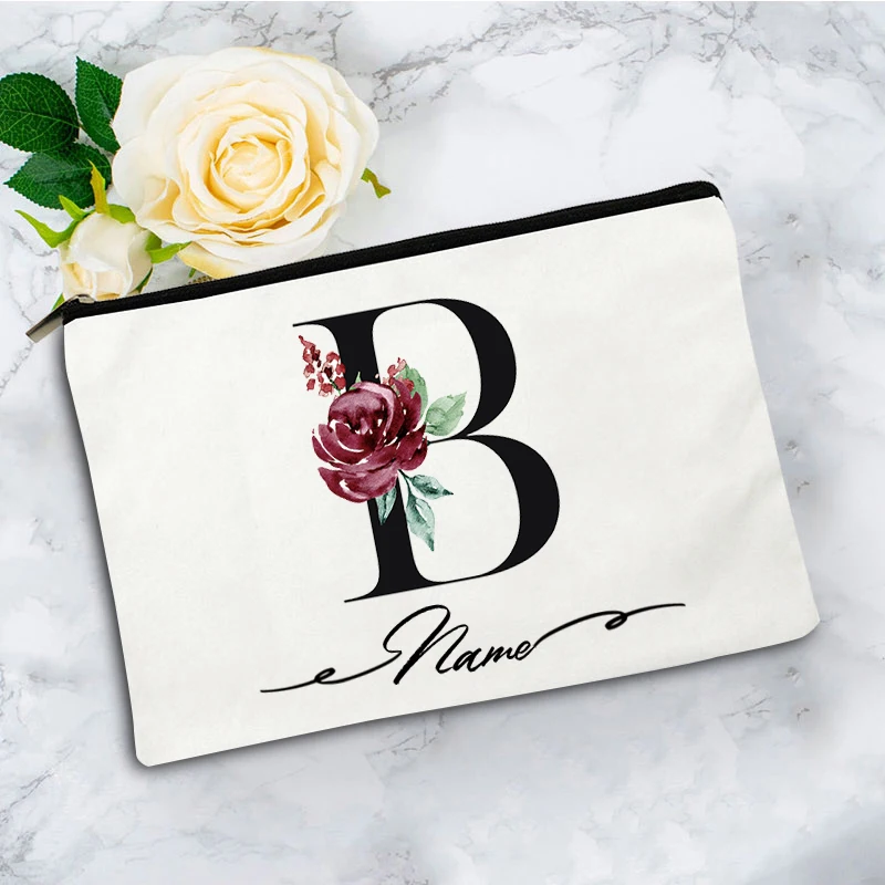 Custom Deep Rose Initial Letter Canvas Pouch, Personalized Botanical Cosmetic Case Portable Travel Toiletry Bag for Women Beauty