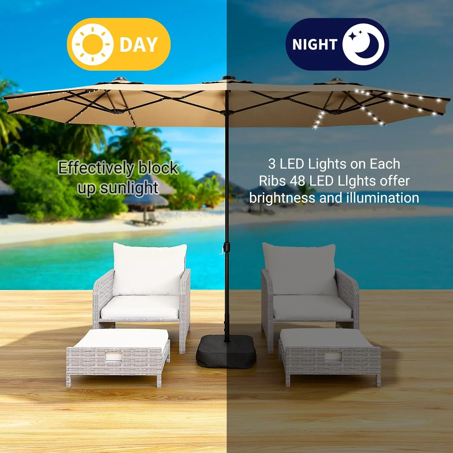 Guarda-chuva grande para pátio LEVELEVE de 15 pés com base e luzes LED solares - dupla face, Khaki