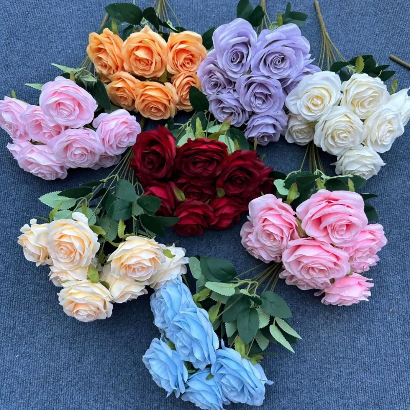 High Quality 9 Head Silk Bouquet Artificial Flowers Rose Bouquet Fast Delivery