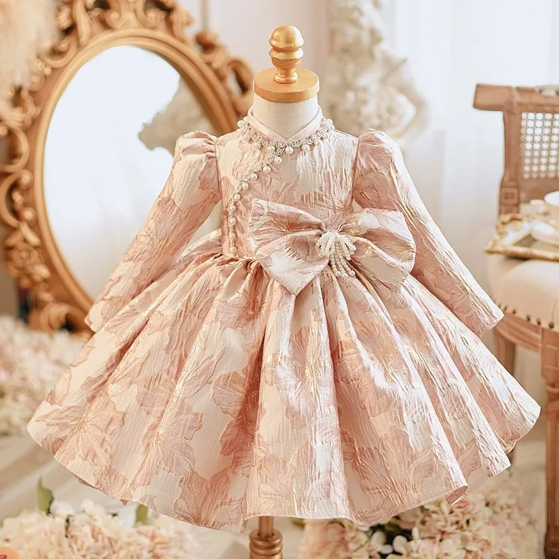 Vestido de fiesta de Navidad de estilo chino para niñas, vestidos rojos Kawaii para niños, cena de noche, disfraces de manga larga para niños pequeños, nuevo, moda