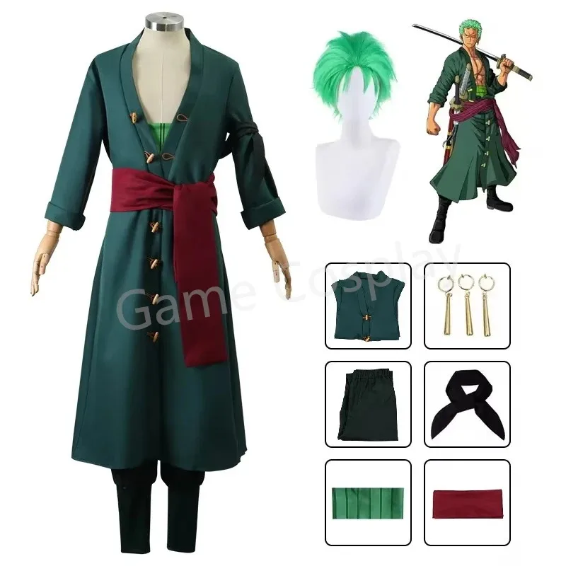 

Anime Figures Roronoa Zoro Cosplay Costume Uniform Green Coat Pants Head Scarf Roronoa Zoro Wig Earrings Halloween Men Clothes