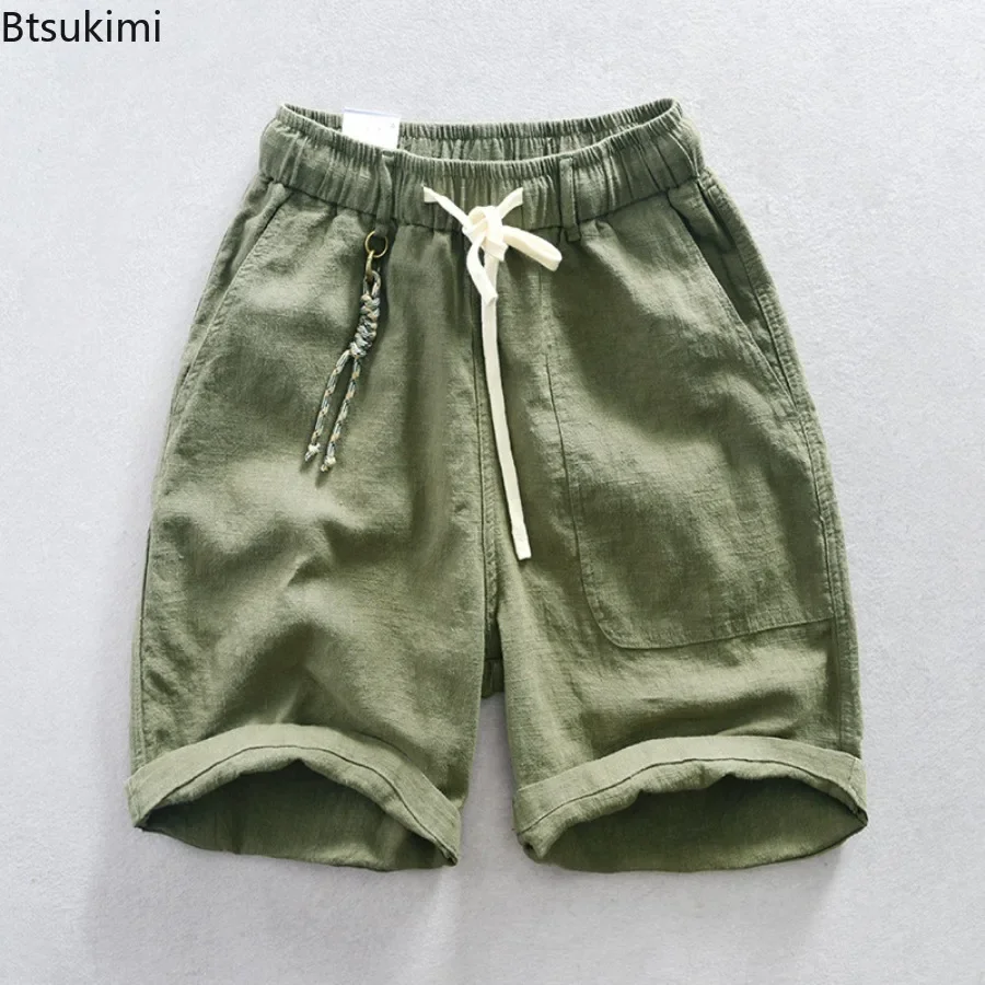 

Летние винтажные хлопковые льняные шорты для мужчин, модные простые свободные шорты-карго с карманами на шнурке, мужские повседневные универсальные повседневные шорты