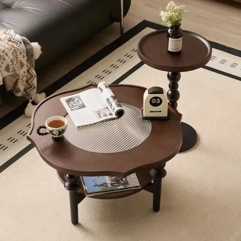 Medieval style flower-shaped glass top double-layer round living room coffee table