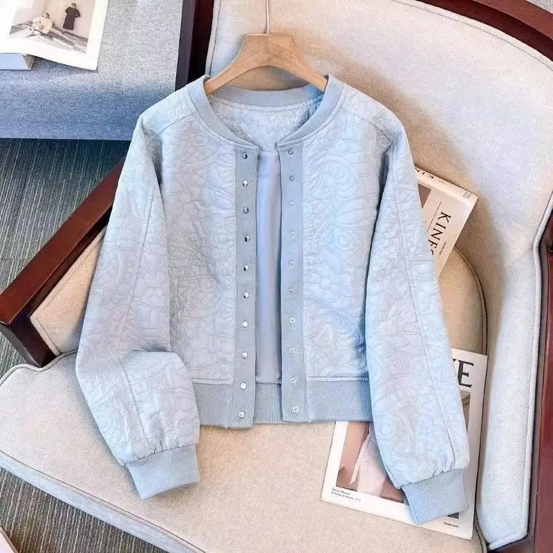 

Голубое повседневное женское пальто 2025 года, новая популярная модная одежда, весенняя короткая куртка с воротником-стойкой, бежевая короткая весенне-осенняя короткая куртка