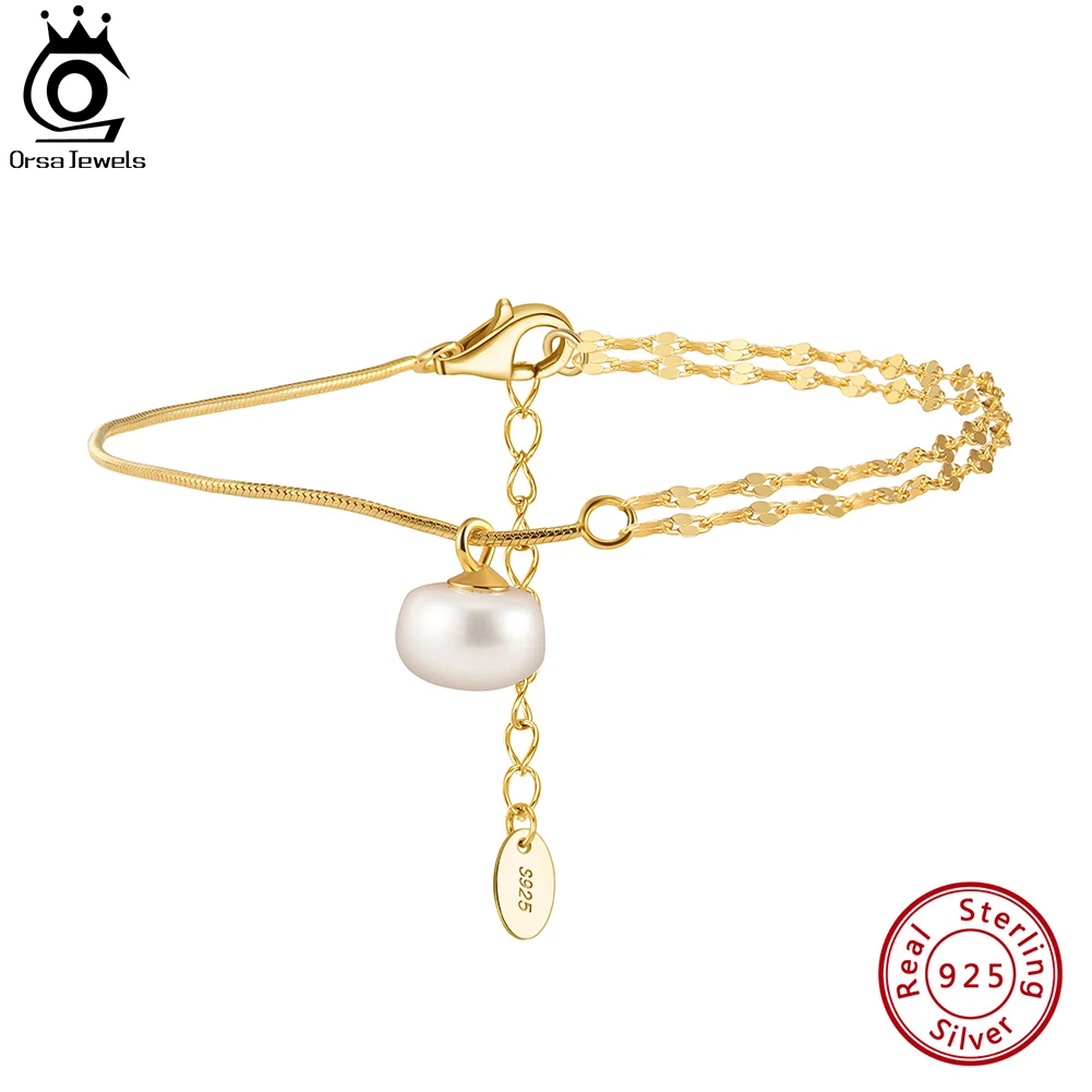 

ORSA JEWELS Women's Simple Double Chain And Low-Key Luxurious With Pearl Pendant Suitable 925 Silver Bracelet for Girls GPB30