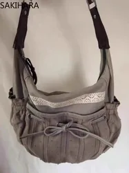 Szare torby Crossbody w stylu baletowym kokardka sznurkiem torba na ramię o dużej pojemności na co dzień na wszystkie mecze modna torba pod pachami dla kobiet