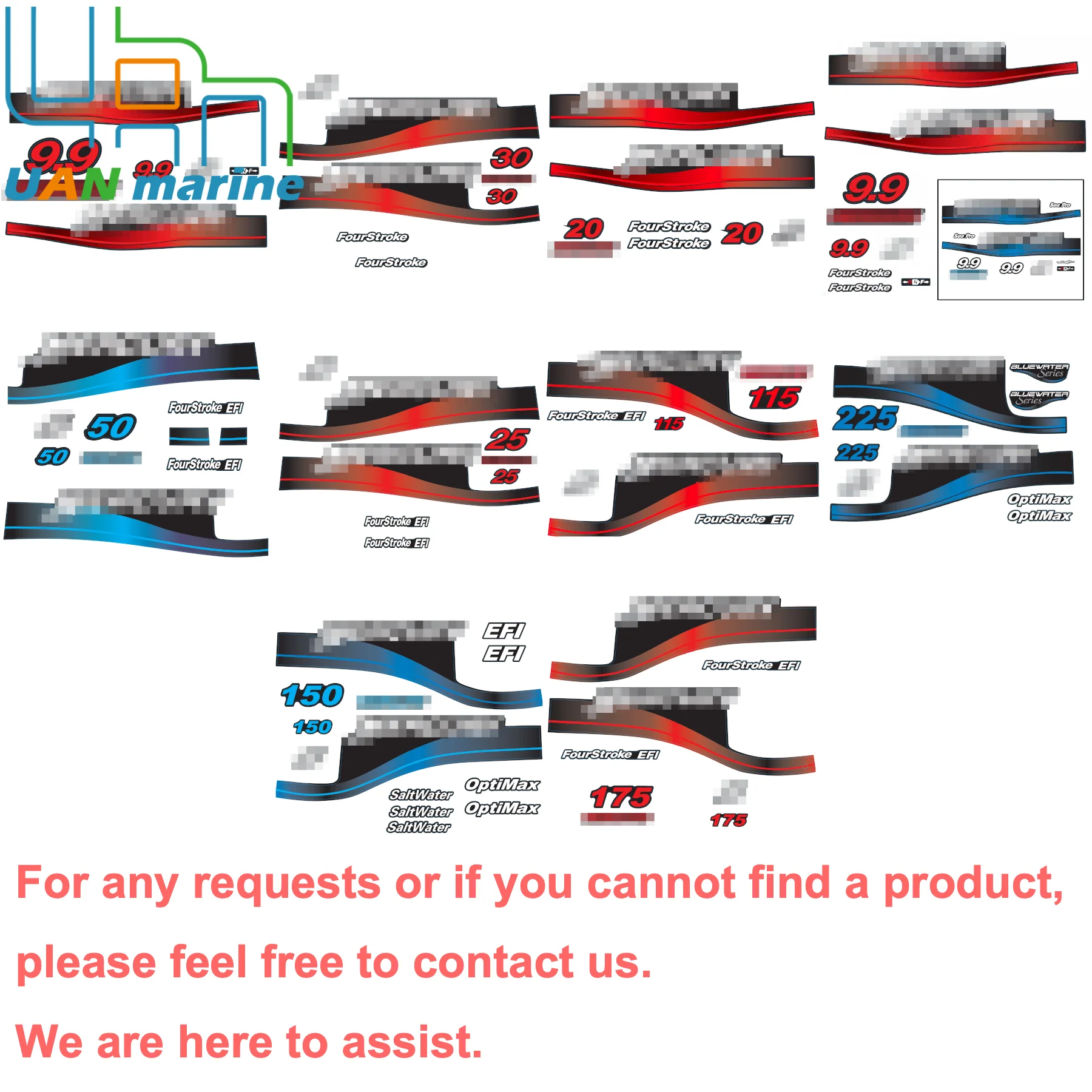 Boat Engine Parts Decals Kit Fits for Mercury Marine Outboard Motors Top Cover Sticker Set Custom Links