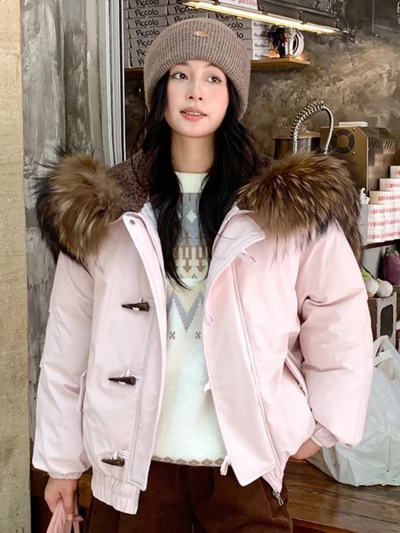 

2025 Autumn And Winter Short Style Parka Lapel Big Fur Collar Korean Version Horn Button Bread Jacket Cotton Coat For Women W922