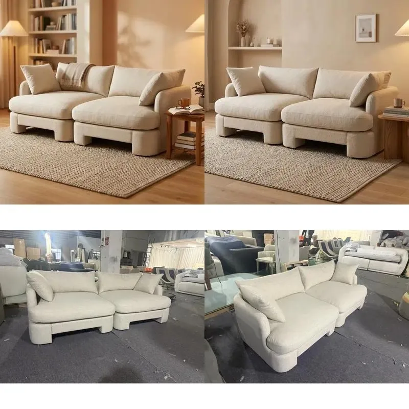 Modular 2 Seat Linen Sofa Beige Removable Block Base Deep Seat Large Couch with Pillow Tatami Floor Style