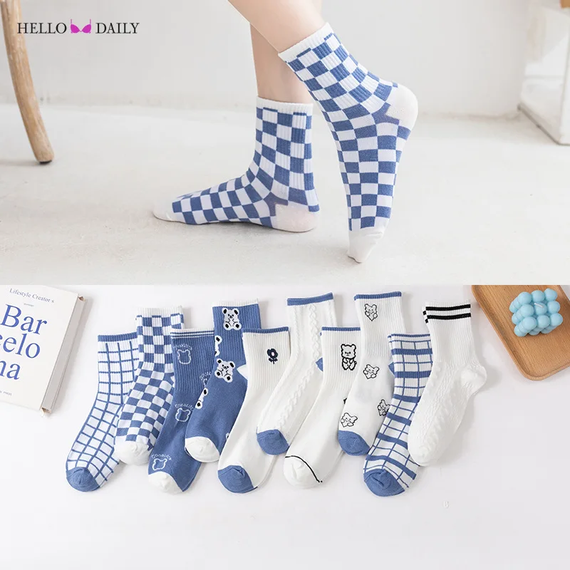 Japanese Harajuku Cartoon Style Creative Striped Checkered Women's Socks Kawaii Girl Socks Blue Fashion Sports Woman Hosiery