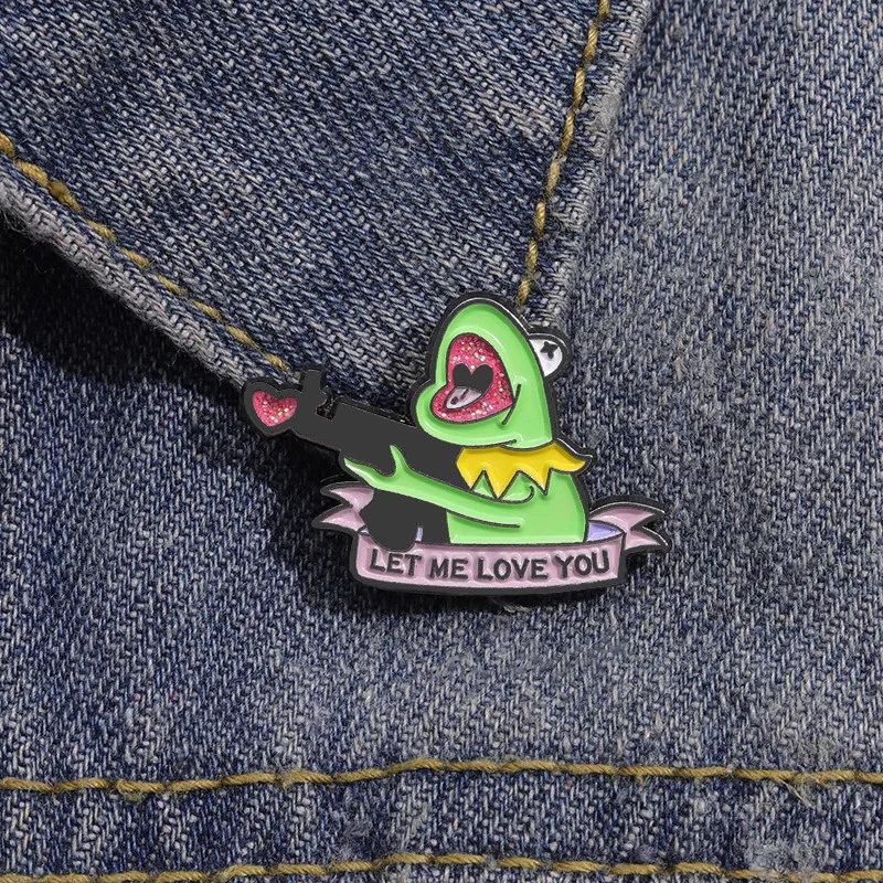 Sniper Kermit Frog Enamel Pins Custom Let Me Love You Brooches Lapel Badges Animal Shining Heart Jewelry Gift for Friends