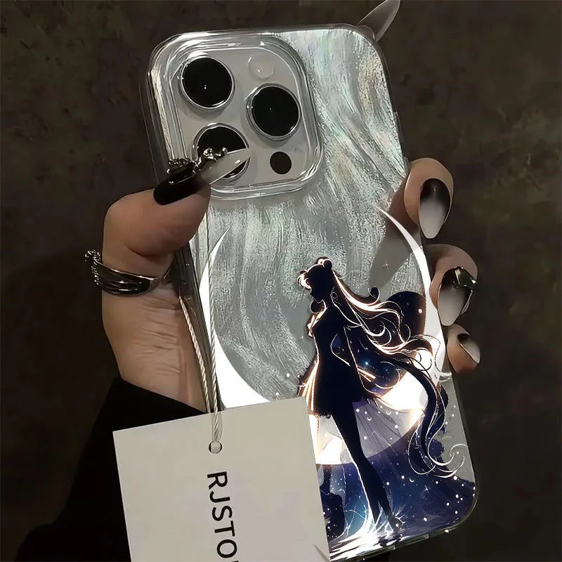 

luxury anime lovely Silver Moon Girl Clear Soft Case protection for iPhone 16 15 13 12 11 14 Pro Max XS XR 7 8 Plus X SE Coque