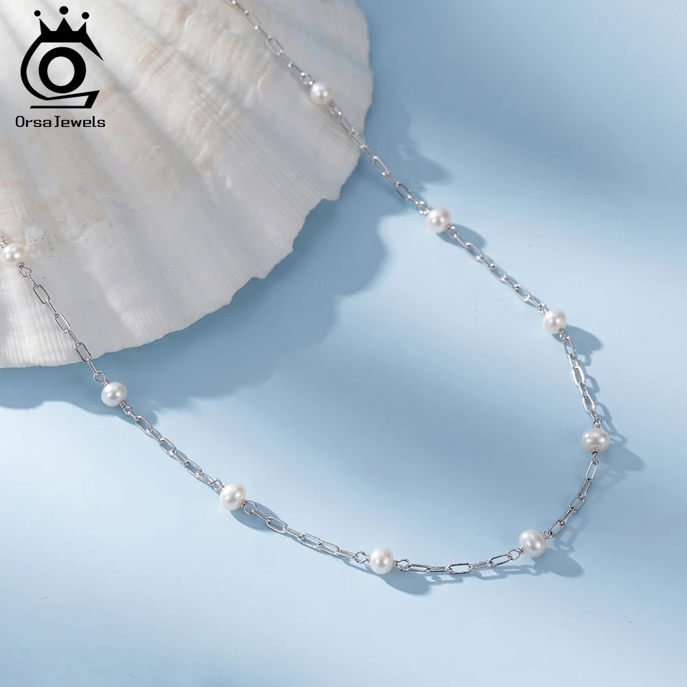 

ORSA JEWELS Simple Pearl Choker Necklace for Women 925 Sterling Silver Natural Freshwater Pearl Chain Party Jewelry GPN104