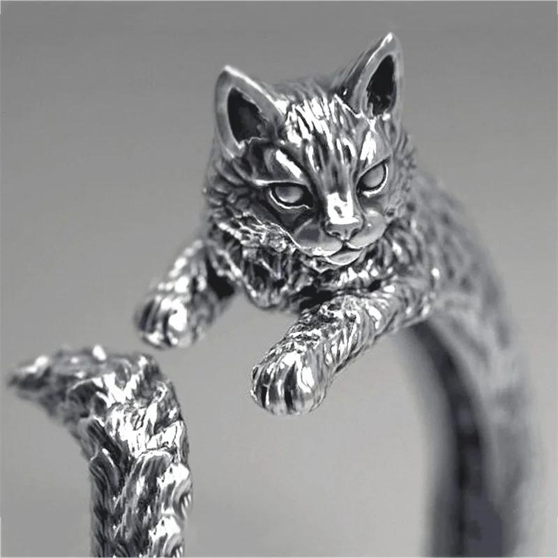 

Fashion Vintage Silver Color Cat Ring Terrible Evil Witch Cat Opening Ring Cocktail Women's Cute Pet Ring Anniversary Wholesale