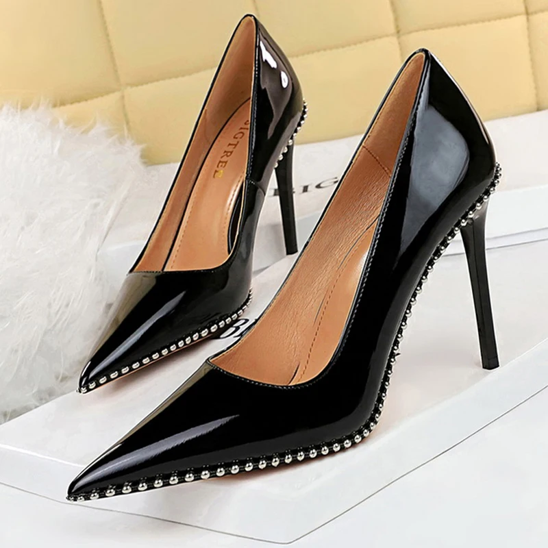 BIGTREE Shoes White Women Pumps Patent Leather Shoes High Heels Stiletto Luxury Party Shoes Metal Chain Rivets Heels Pumps Shoes