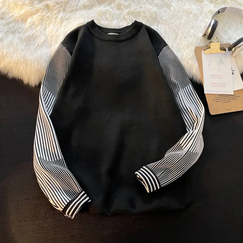 Spring andAutumn Men\'s Pullover Round Neck Solid Color Spliced Stripe Casual Fashion Elegant Fake Two Piece Knitted Bottom Shirt