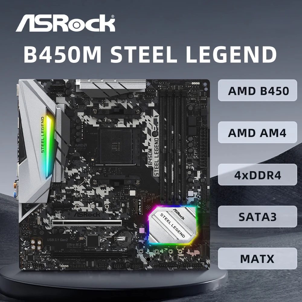 ASRock B450M Steel Legend Motherboard Support R9 5950X R7 5800X3D 5700X R5 5600X 5600G CPU 4xDDR4 3200Mhz 128GB 2xM.2 HDMI ATX