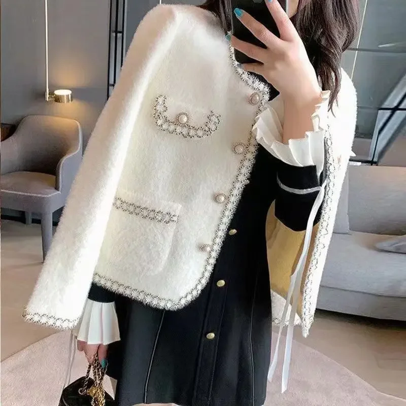 2024 Tweed Style Fashionable Versatile Double-sided Velvet Jacket Fit Cardigan Sweater Spring Autumn Elegant Socialite Style