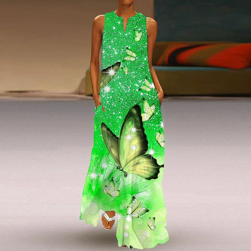 Fashion Butterfly Pattern Women Long Dresses Summer Sleeveless 3D Gradient Printed Beach Casual Ladies Maxi Dress 3XL Plus Size